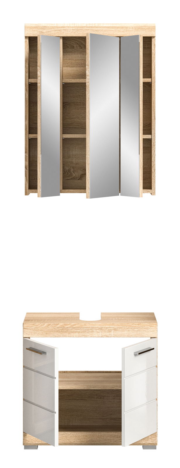 Badkombination mit Spiegelschrank und Unterschrank in Holzoptik, Frontalansicht