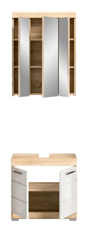 Badkombination mit Spiegelschrank und Unterschrank in Holzoptik, Frontalansicht