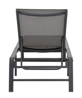 Rückansicht einer modernen Gartenliege mit schwarzem Metallrahmen und Netzbespannung.