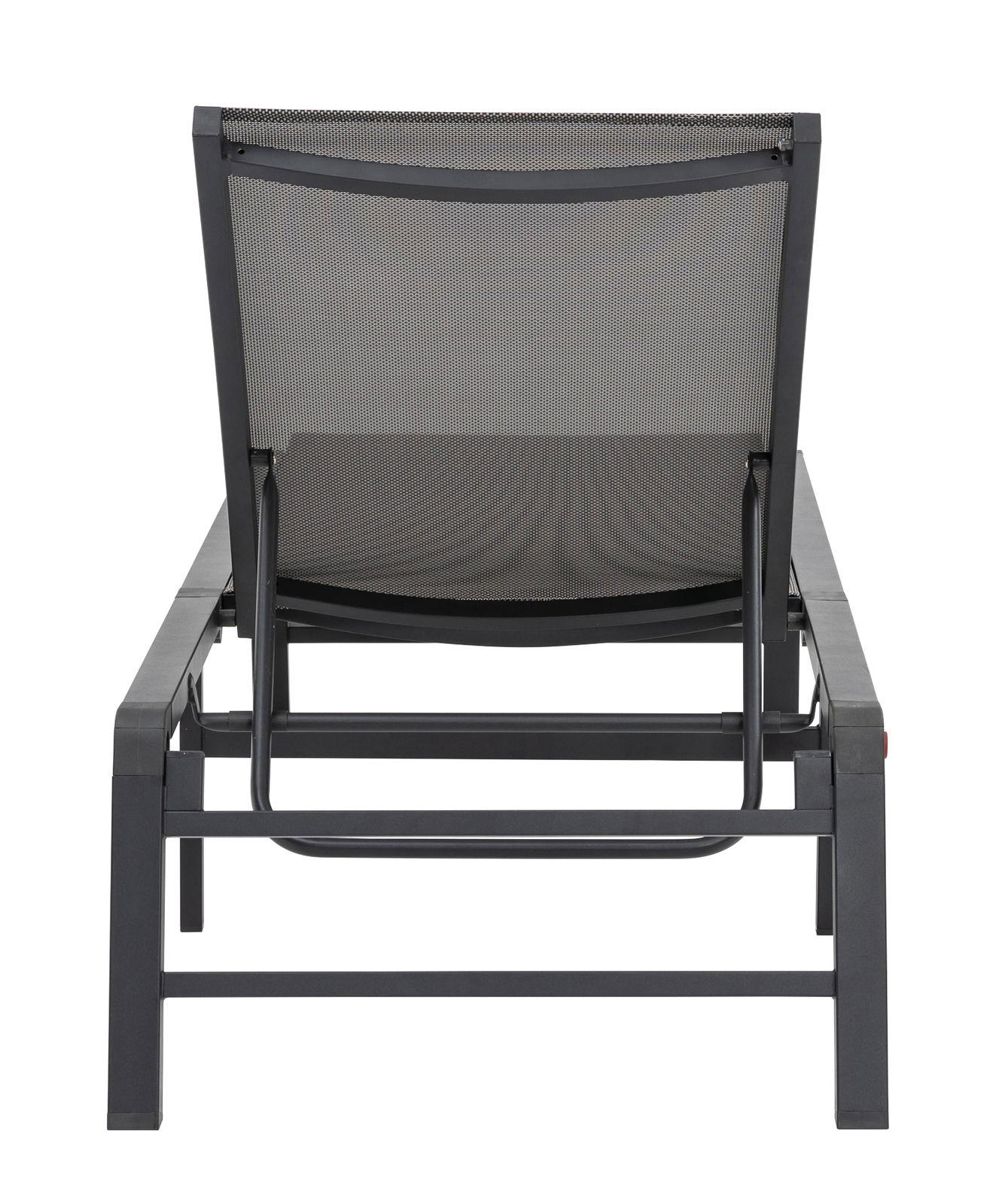 Rückansicht einer modernen Gartenliege mit schwarzem Metallrahmen und Netzbespannung.