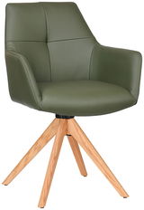 Grüner Armlehnstuhl mit Holzbeinen, seitliche Perspektive