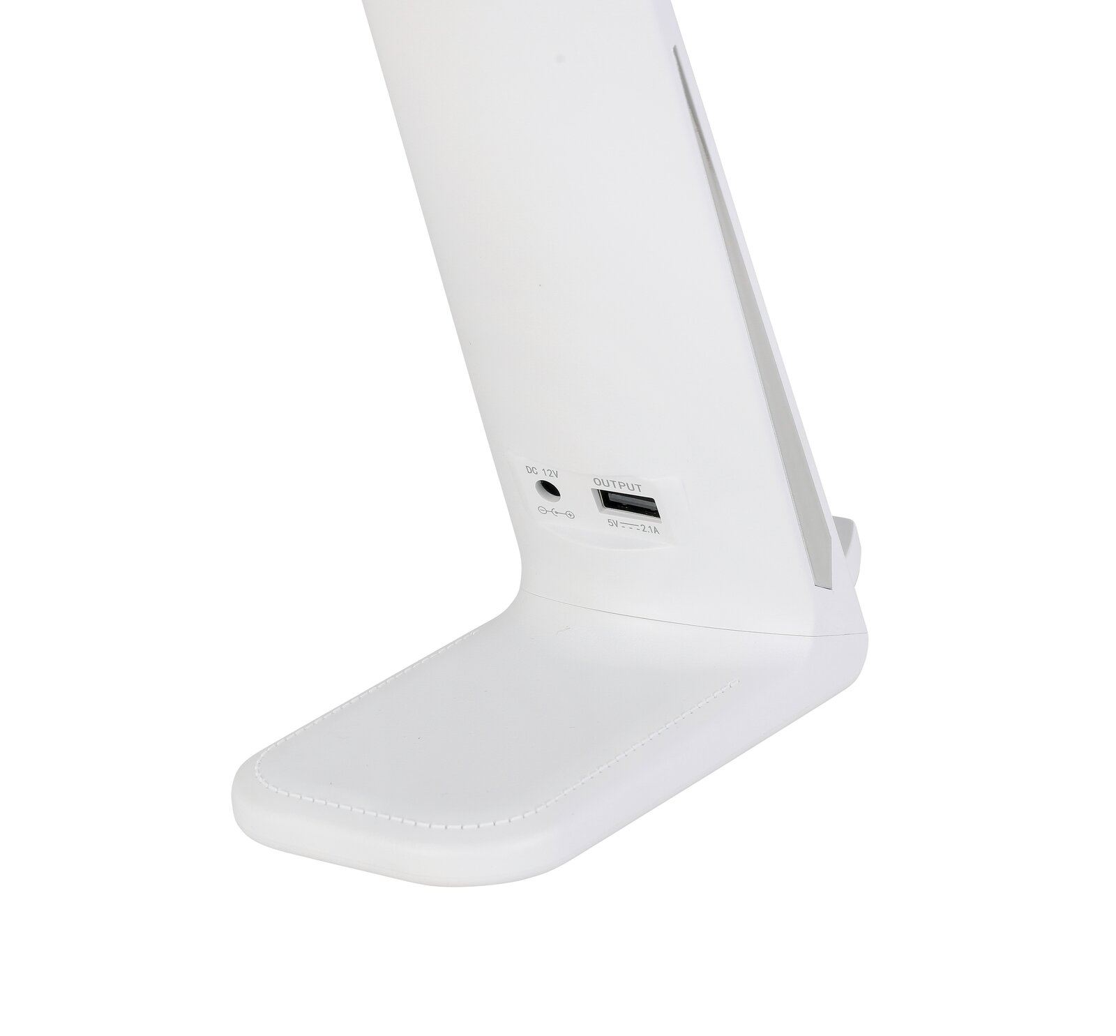Weiße LED-Schreibtischleuchte mit USB-Anschluss, seitliche Perspektive