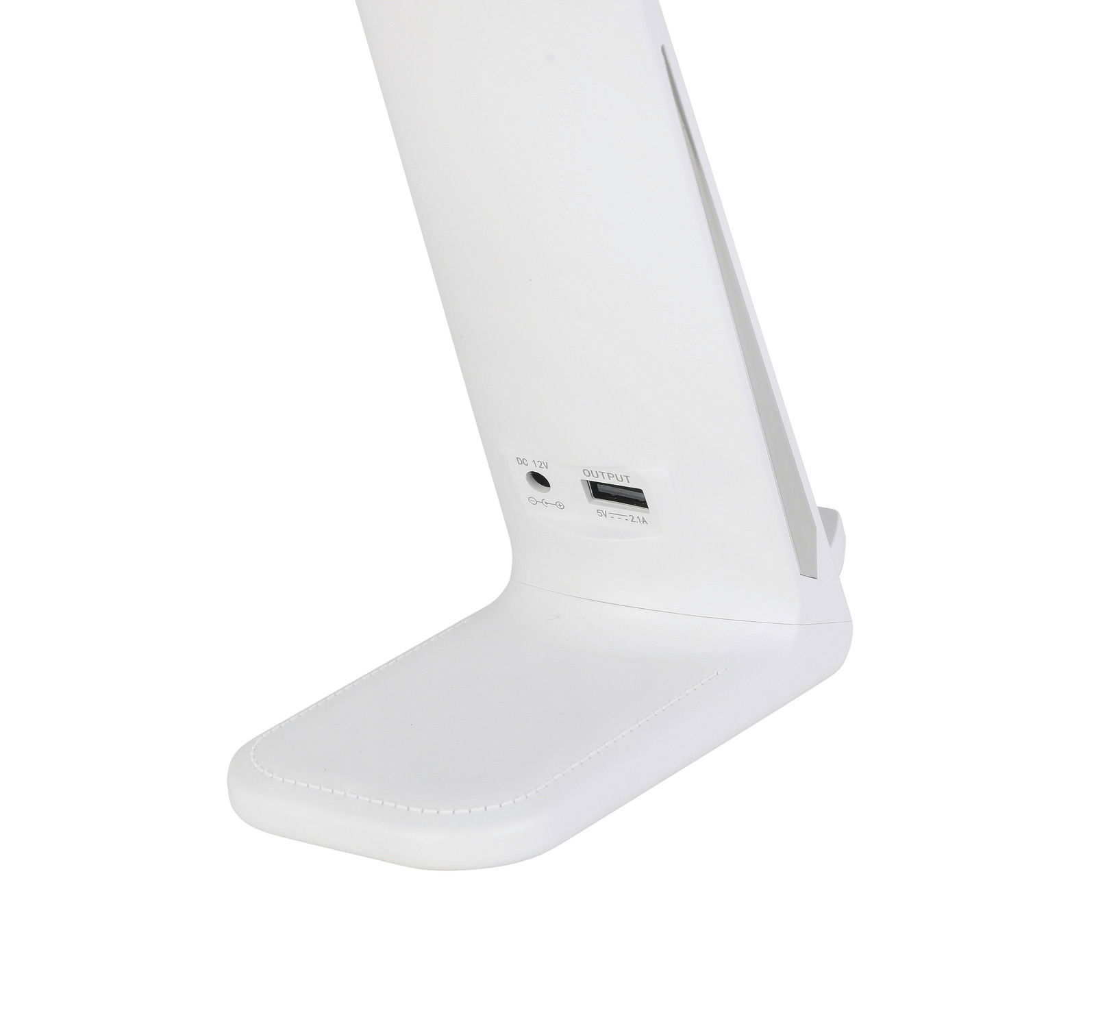 Weiße LED-Schreibtischleuchte mit USB-Anschluss, seitliche Perspektive