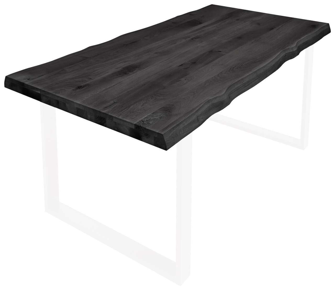 Schwarze Tischplatte mit natürlicher Kante, Perspektive von schräg oben.