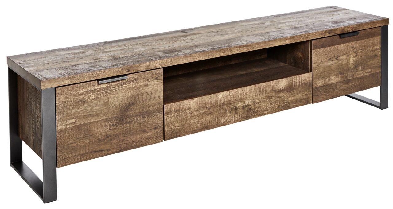 TV-Möbel aus Holz mit Metallrahmen, seitliche Perspektive