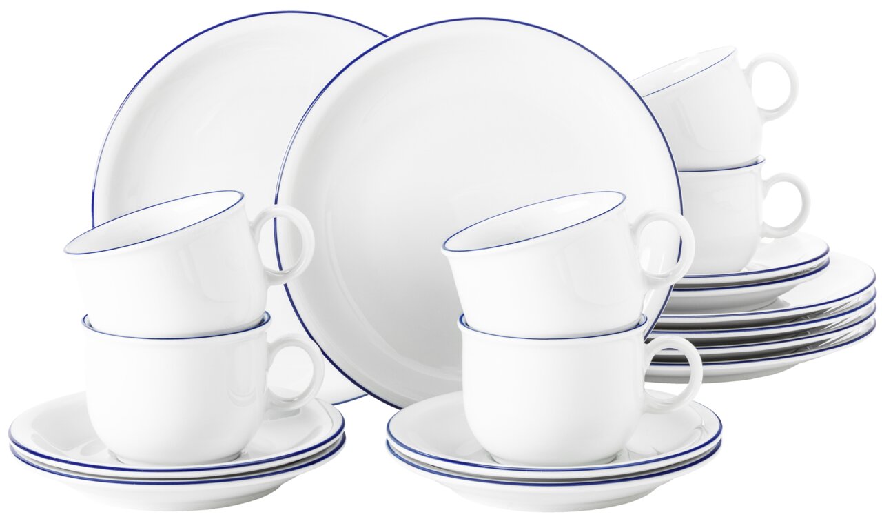 Seltmann Weiden Kaffeeservice 18-tlg. COMPACT 18-teiliges Kaffeeservice aus weißem Porzellan mit blauen Rändern, seitliche Perspektive