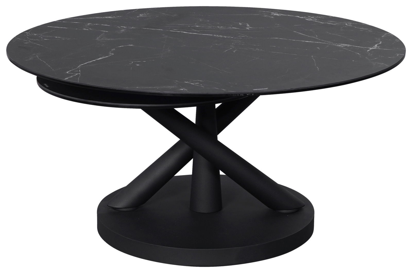 Runder Couchtisch mit schwarzer Marmoroptik und gekreuztem Metallgestell, seitliche Perspektive
