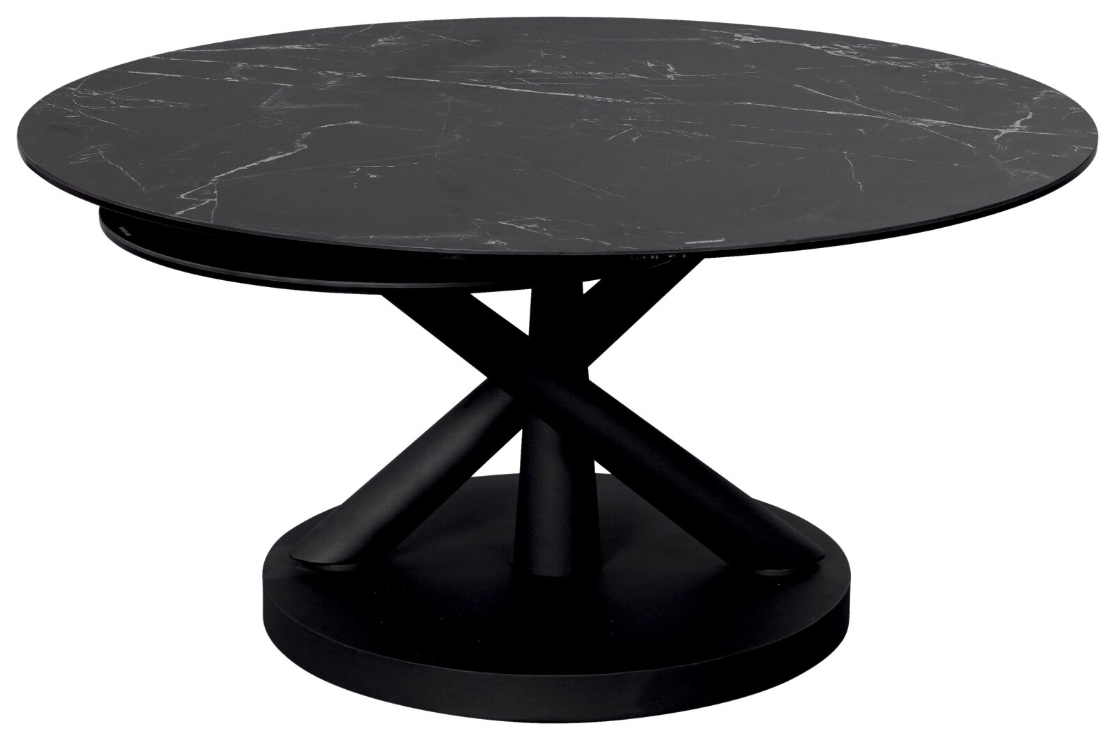 Runder Couchtisch mit schwarzer Marmoroptik und gekreuztem Metallgestell, seitliche Perspektive