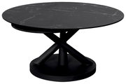 Ronde salontafel met zwarte marmerlook en gekruist metalen onderstel, zijaanzicht