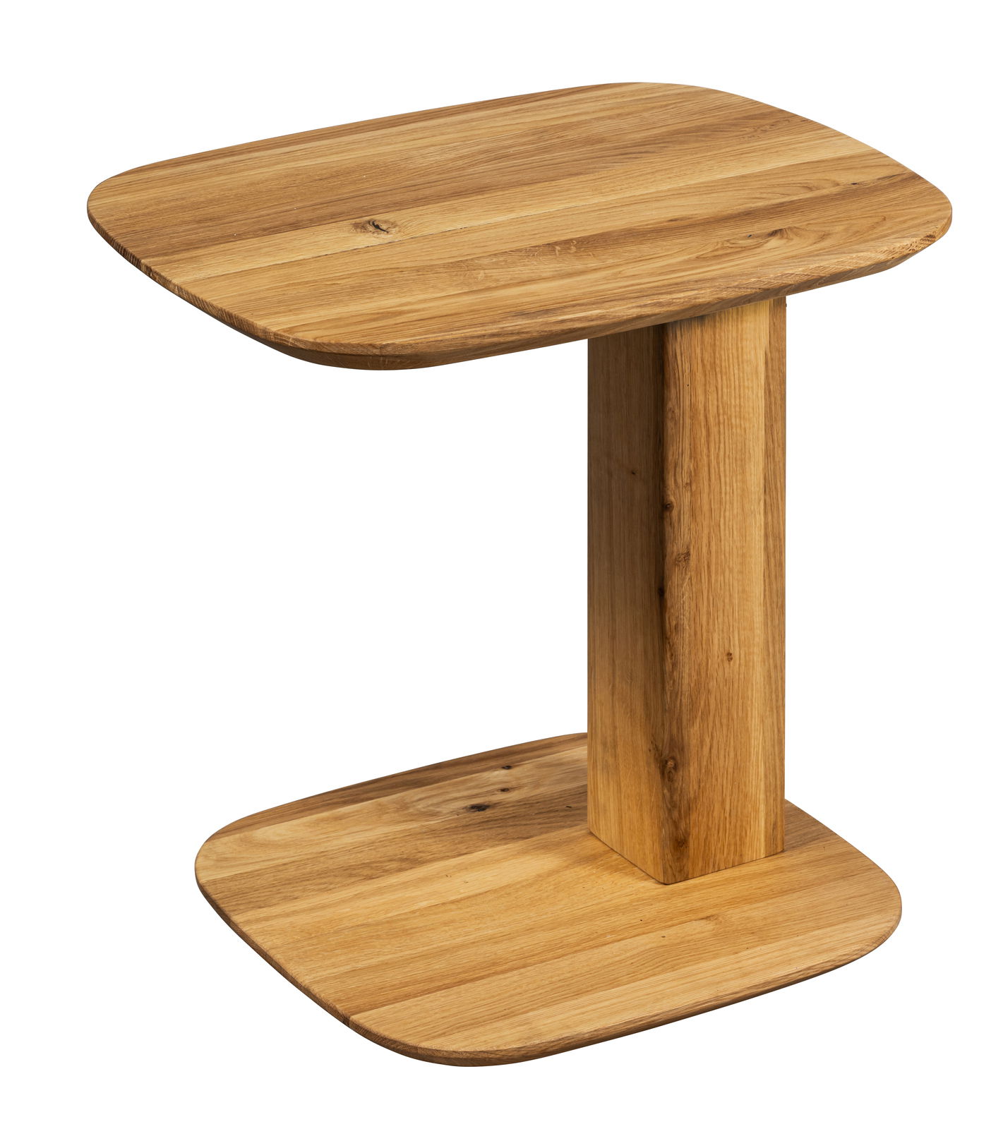 Moderner Beistelltisch aus Holz mit abgerundeten Ecken, seitliche Perspektive