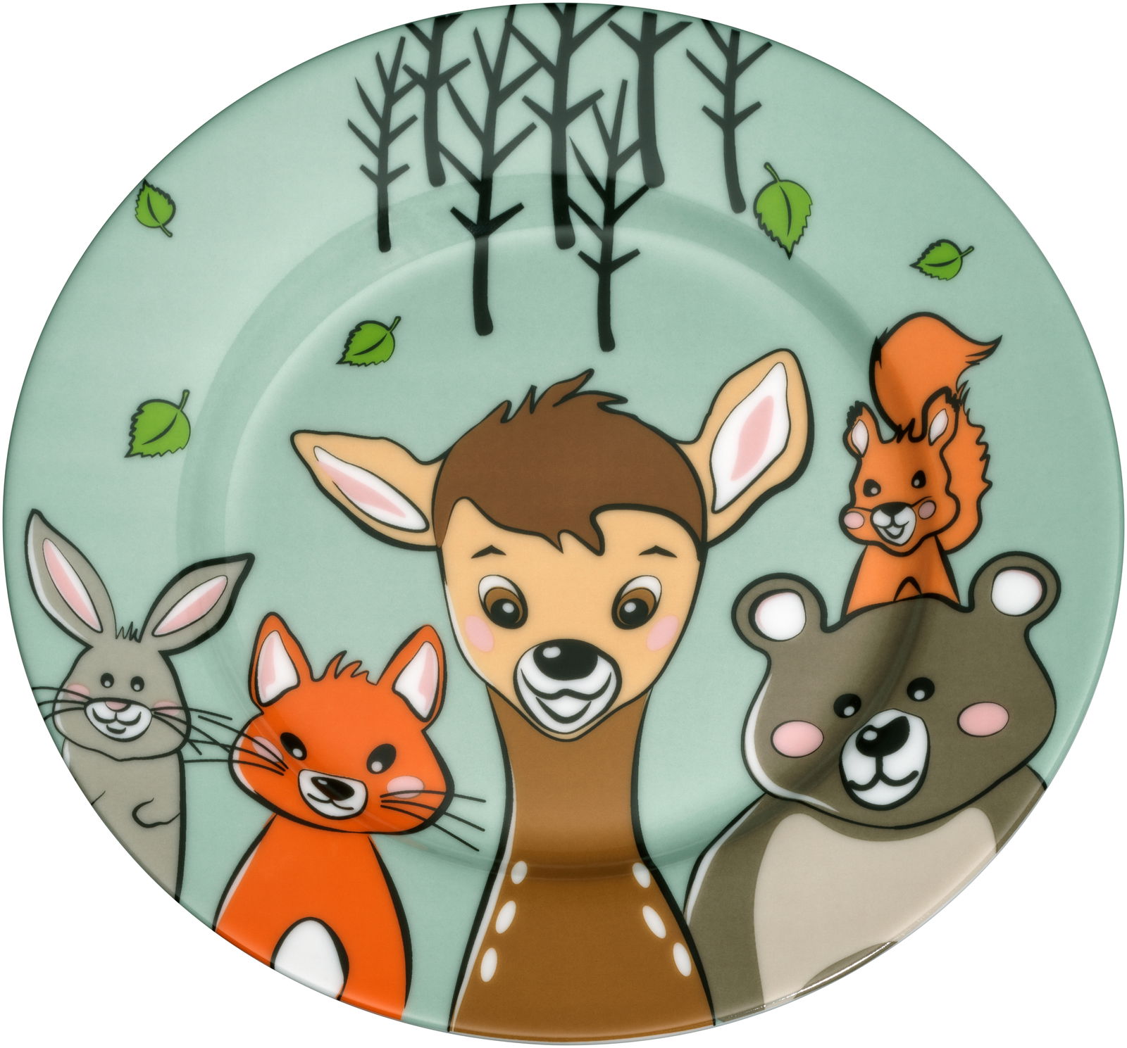 Teller mit Waldtieren, darunter ein Reh, ein Fuchs, ein Hase, ein Bär und ein Eichhörnchen, aus der Vorderansicht.