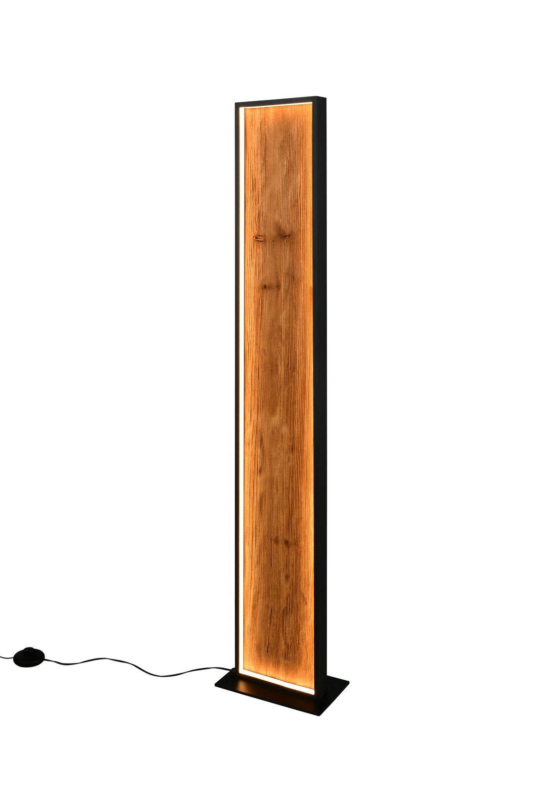 Moderne Stehleuchte mit Holzoptik und LED-Beleuchtung, seitliche Perspektive