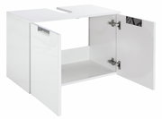 Weißer Waschbeckenunterschrank mit zwei geöffneten Türen, seitliche Perspektive