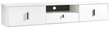 Weißes TV-Hängeboard mit zwei Türen, einer Schublade und einem offenen Fach, Frontansicht