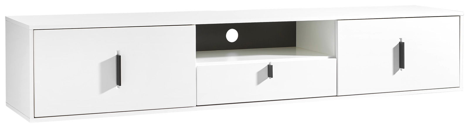 Weißes TV-Hängeboard mit zwei Türen, einer Schublade und einem offenen Fach, Frontansicht