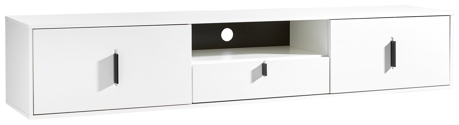 Weißes TV-Hängeboard mit zwei Türen, einer Schublade und einem offenen Fach, Frontansicht