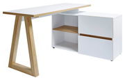 Moderner Eck-Schreibtisch mit weißer Oberfläche und Holzdetails, seitliche Perspektive
