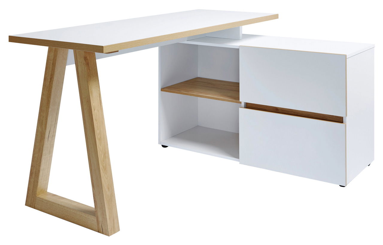 Moderner Eck-Schreibtisch mit weißer Oberfläche und Holzdetails, seitliche Perspektive