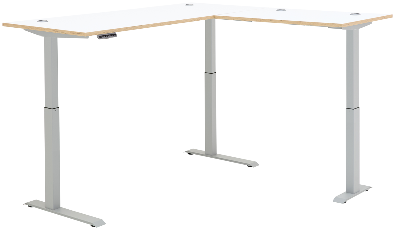 Moderner höhenverstellbarer E-Eckschreibtisch in L-Form mit weißer Tischplatte und grauen Metallbeinen, seitliche Perspektive