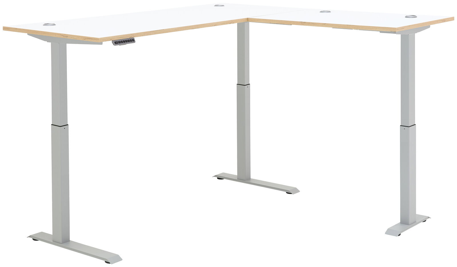 Moderner höhenverstellbarer E-Eckschreibtisch in L-Form mit weißer Tischplatte und grauen Metallbeinen, seitliche Perspektive