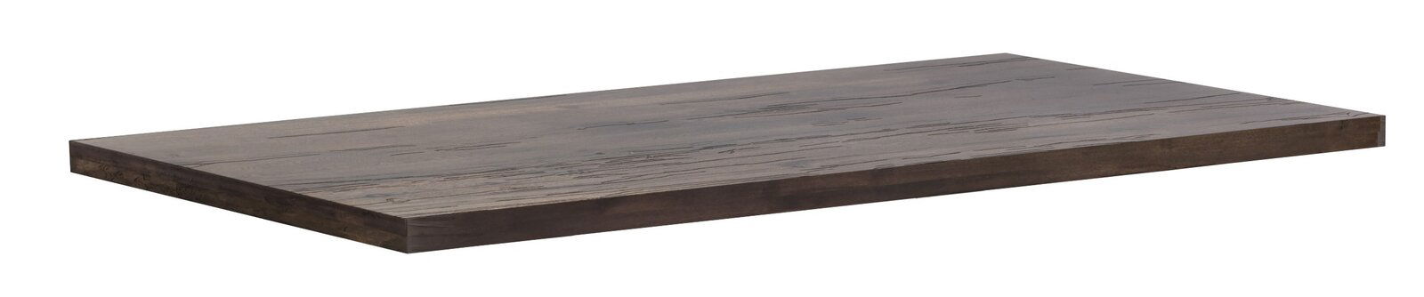 Rechteckige Tischplatte aus dunklem Holz mit sichtbarer Maserung, perspektivisch von der Seite fotografiert.