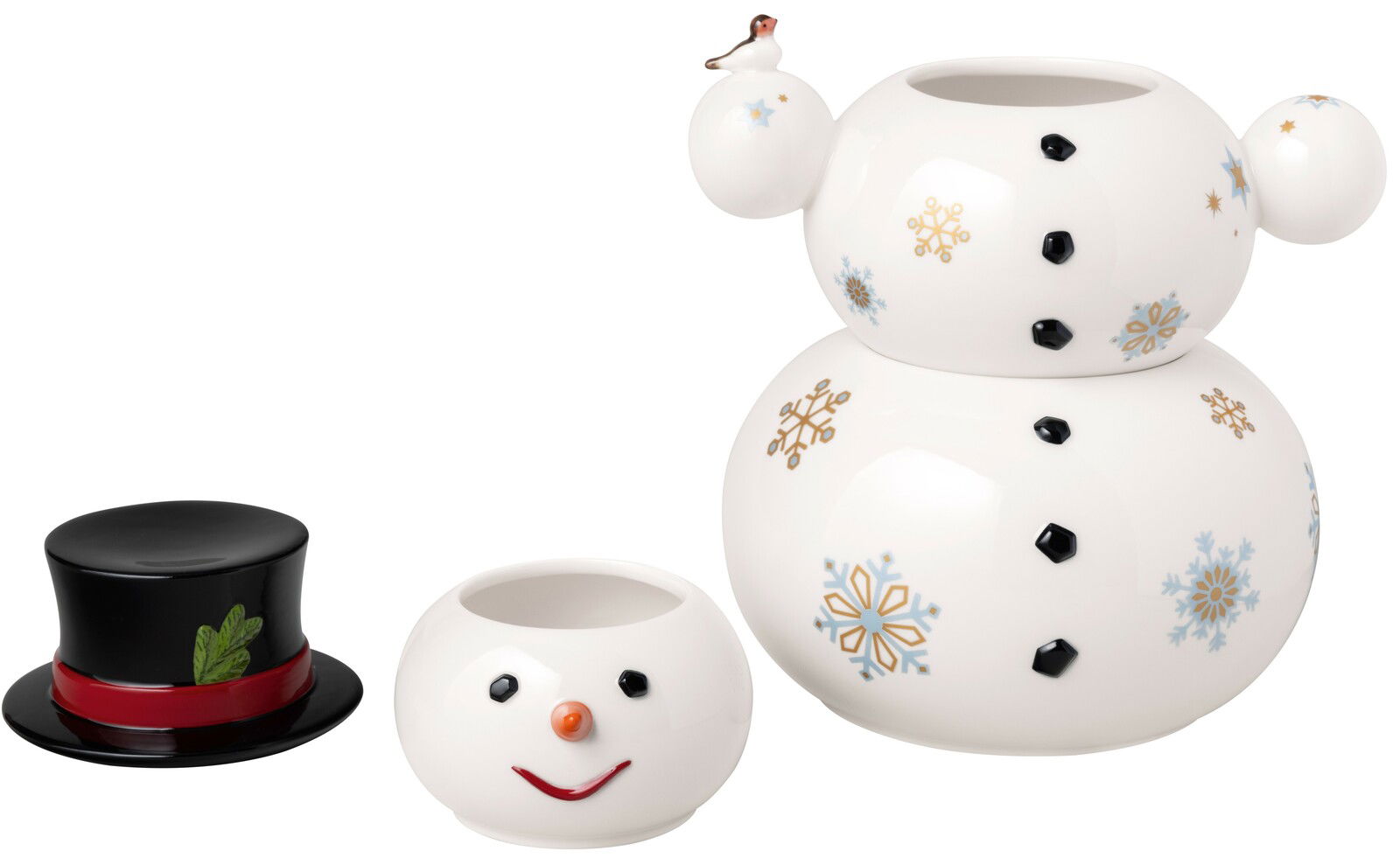 Porzellandose in Form eines Schneemanns mit abnehmbarem Kopf und Zylinder, verziert mit Schneeflocken und einem kleinen Vogel, seitliche Perspektive