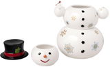 Porzellandose in Form eines Schneemanns mit abnehmbarem Kopf und Zylinder, verziert mit Schneeflocken und einem kleinen Vogel, seitliche Perspektive