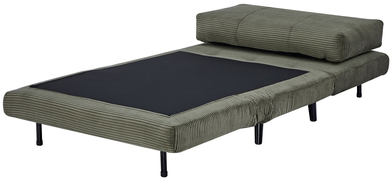 Grüner Funktionssessel in Liegeposition, seitliche Perspektive