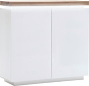 Weißes Highboard mit Holzplatte, Frontansicht