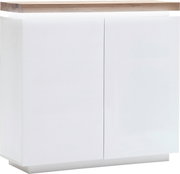 Weißes Highboard mit Holzplatte, Frontansicht