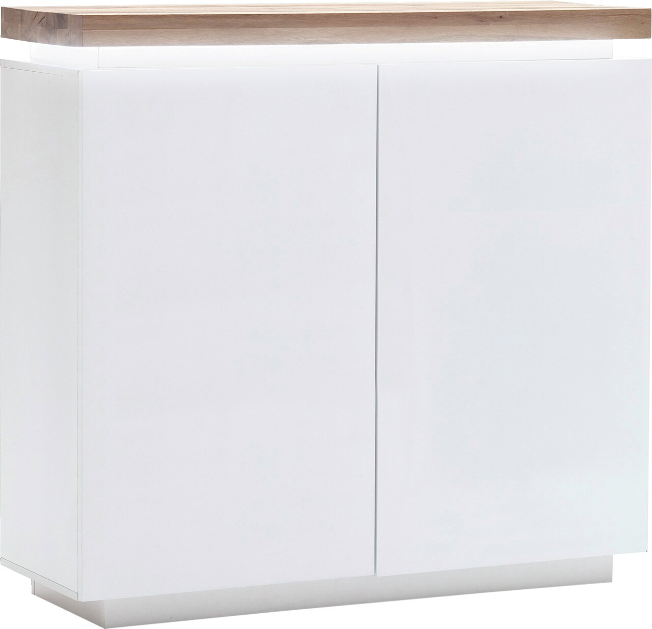 Weißes Highboard mit Holzplatte, Frontansicht