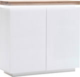 Weißes Highboard mit Holzplatte, Frontansicht
