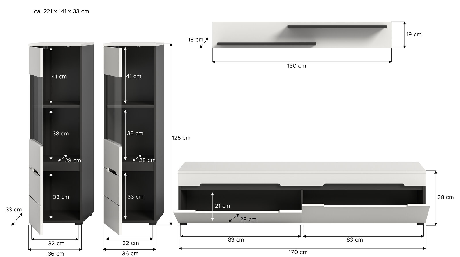 Bemaßte Produktansicht eines modernen Wohnzimmersets in Weiß/Schwarz: zwei hohe Vitrinenschränke mit Glastür und Schubladen, ein niedriges TV-Lowboard mit zwei Schubladen sowie ein Wandboard; dargestellt in Frontansicht mit Maßangaben.
