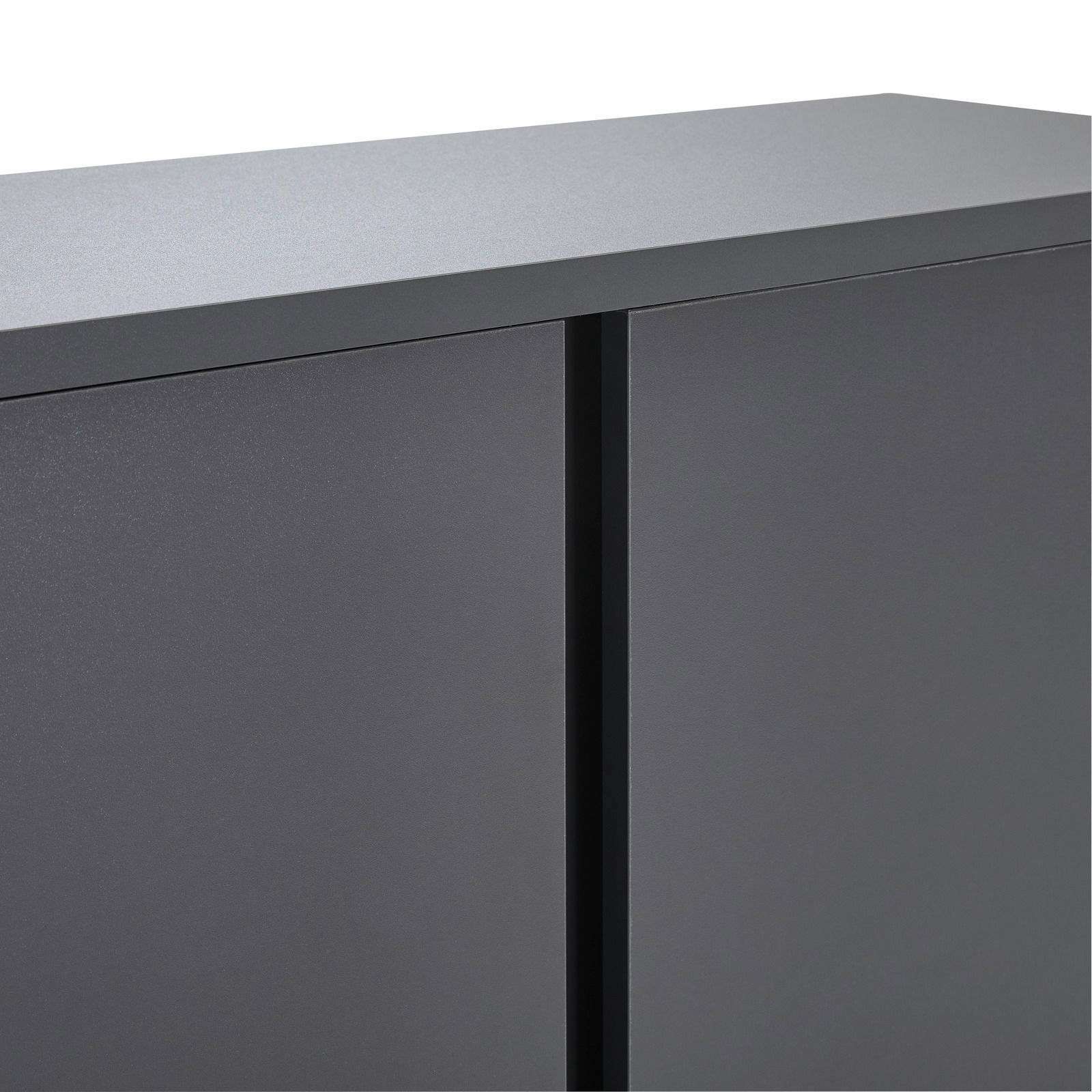 Nahaufnahme eines modernen, grauen Schuhschranks mit glatter Oberfläche und klaren Linien, seitliche Perspektive