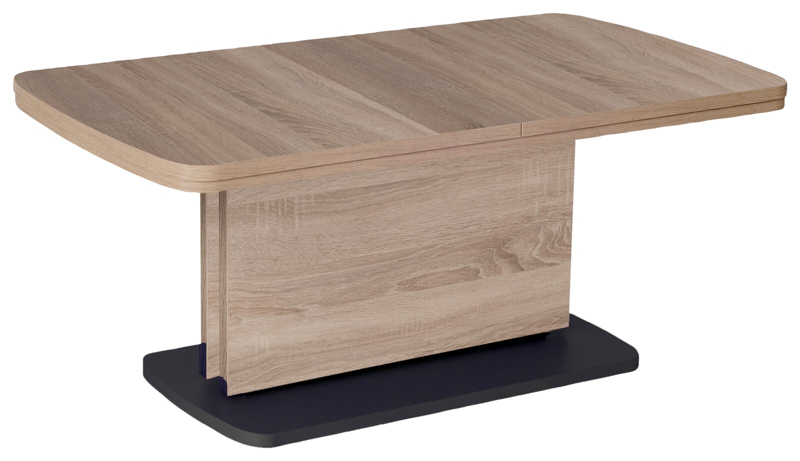 Uitschuifbare eettafel met licht eikenhoutlook blad met afgeronde hoeken, centrale houten kolompoot en zwarte bodemplaat, gefotografeerd schuin van voren (driekwartaanzicht)