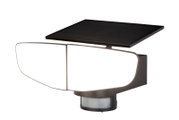 Solarbetriebene LED-Außenwandleuchte in Schwarz mit integriertem Bewegungsmelder und umlaufender Lichtfläche, schräg von vorne/rechts in leichter Untersicht dargestellt