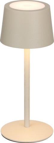 Moderne Akku-Tischleuchte in Beige, frontal abgebildet, mit schlichtem Design und rundem Lampenschirm.