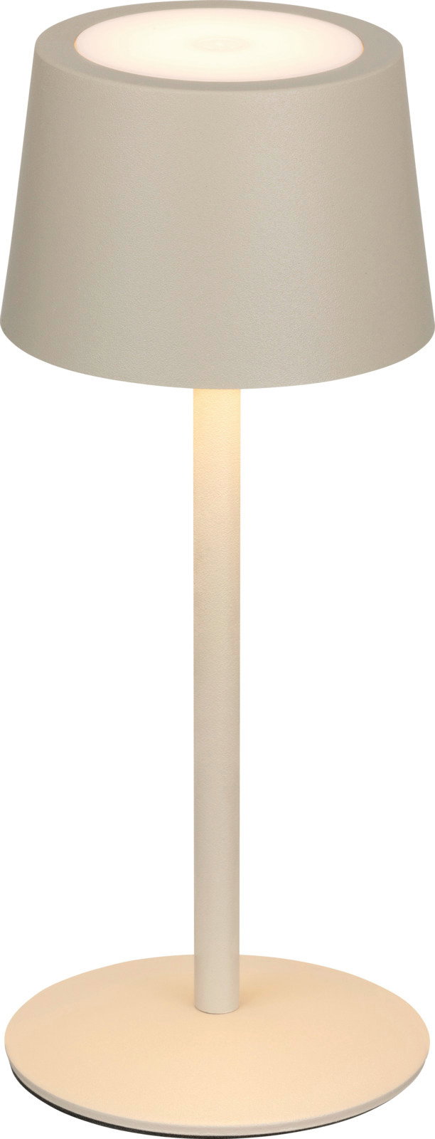 Novel Akku-Tischleuchte Moderne Akku-Tischleuchte in Beige, frontal abgebildet, mit schlichtem Design und rundem Lampenschirm.