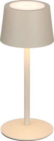 Moderne Akku-Tischleuchte in Beige, frontal abgebildet, mit schlichtem Design und rundem Lampenschirm.