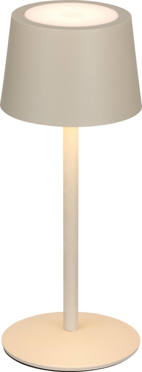 Novel Akku-Tischleuchte NALEDI Moderne Akku-Tischleuchte in Beige, frontal abgebildet, mit schlichtem Design und rundem Lampenschirm.