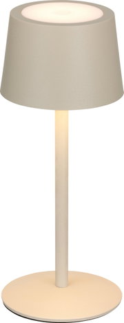 Moderne accu-tafellamp in beige, hier van voren afgebeeld, met een strak ontwerp en een ronde lampenkap.