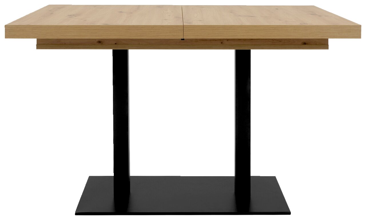 Moderner Esstisch mit Holzplatte und schwarzem Metallgestell, Seitenansicht