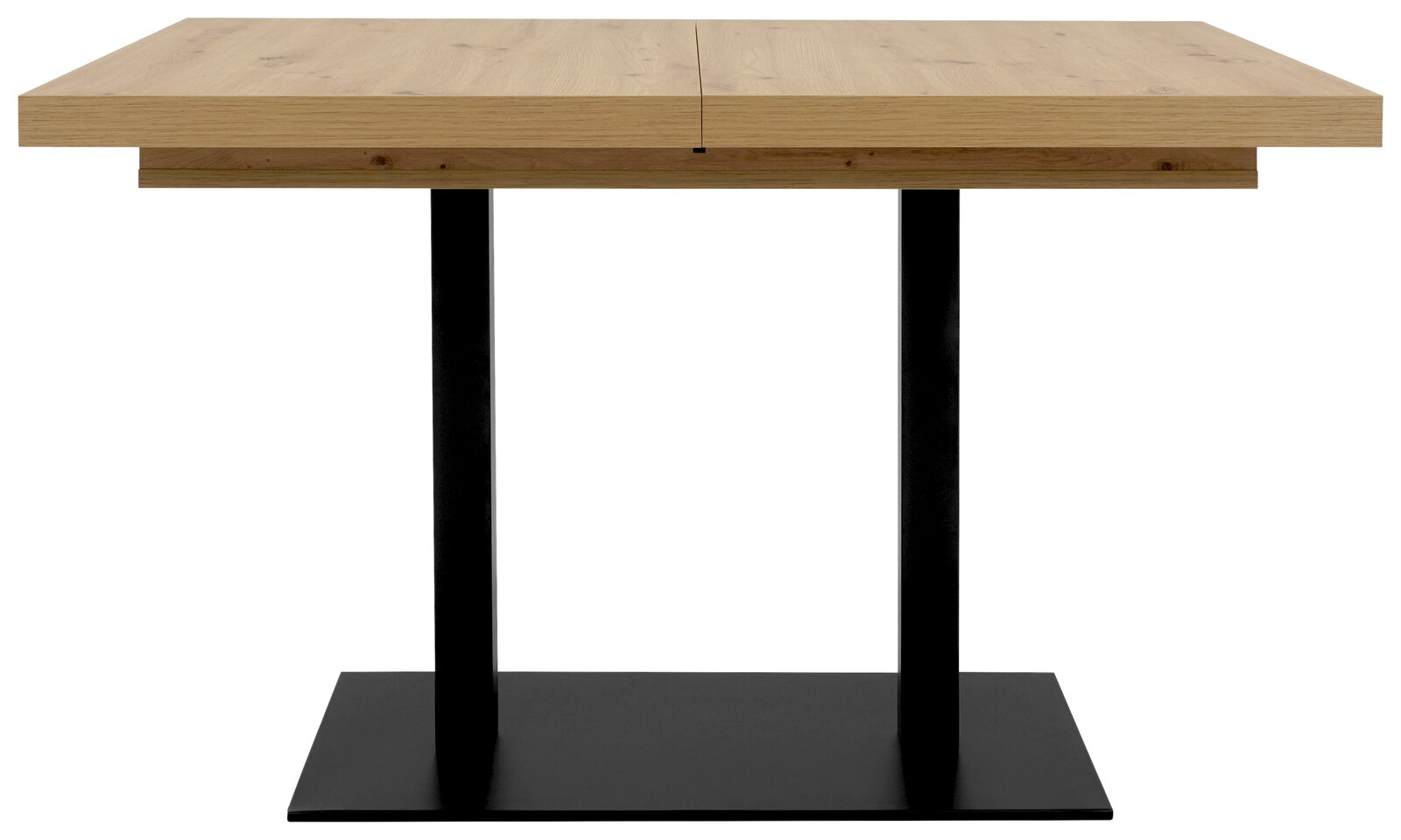 Moderner Esstisch mit Holzplatte und schwarzem Metallgestell, Seitenansicht