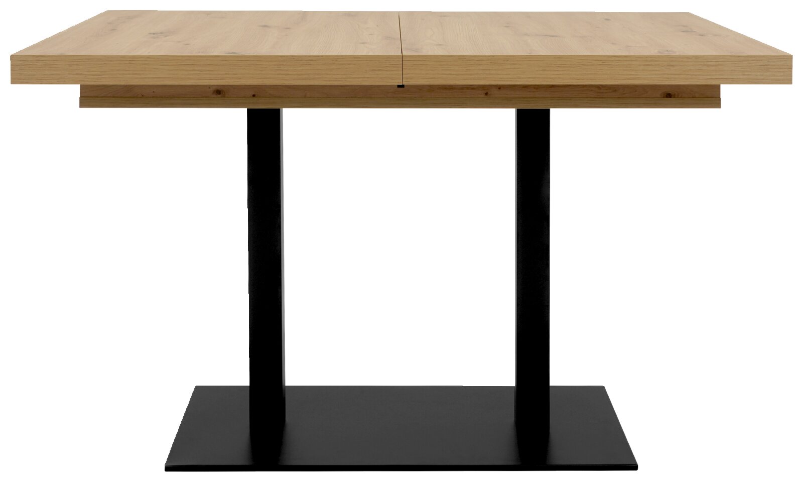 Moderne eettafel met houten blad en zwart metalen onderstel, zijaanzicht