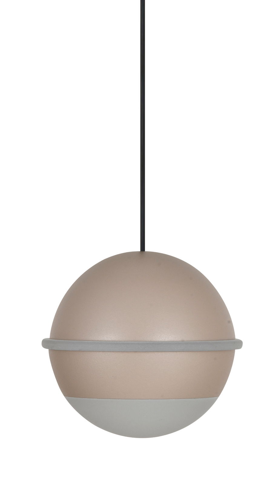 Moderne LED-Pendelleuchte in Kugelform, beige und grau, aus seitlicher Perspektive.