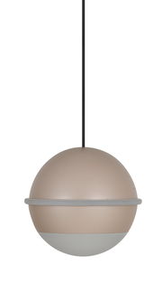Moderne LED-Pendelleuchte in Kugelform, beige und grau, aus seitlicher Perspektive.