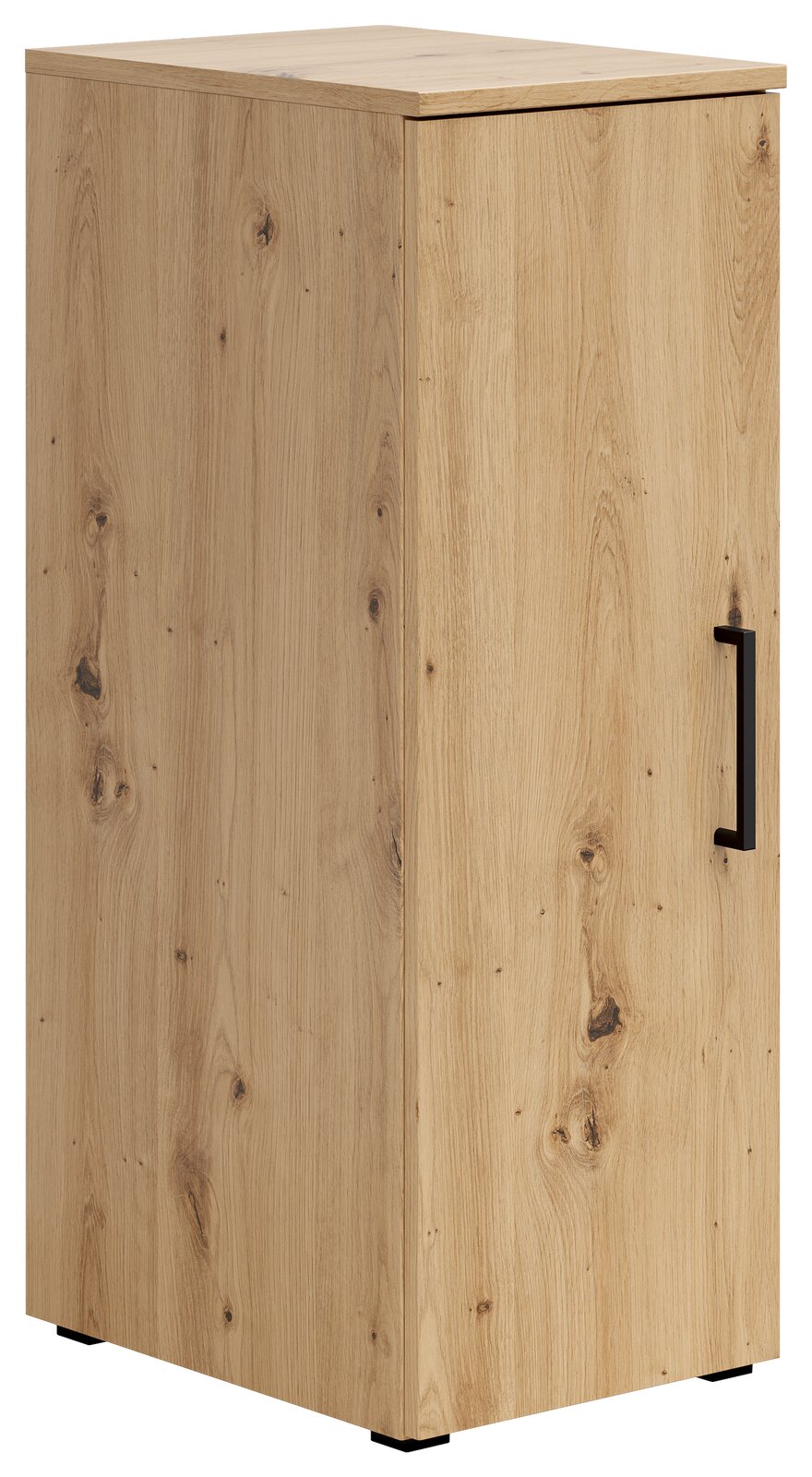 Mehrzweckschrank aus Holz mit natürlicher Maserung, seitliche Perspektive