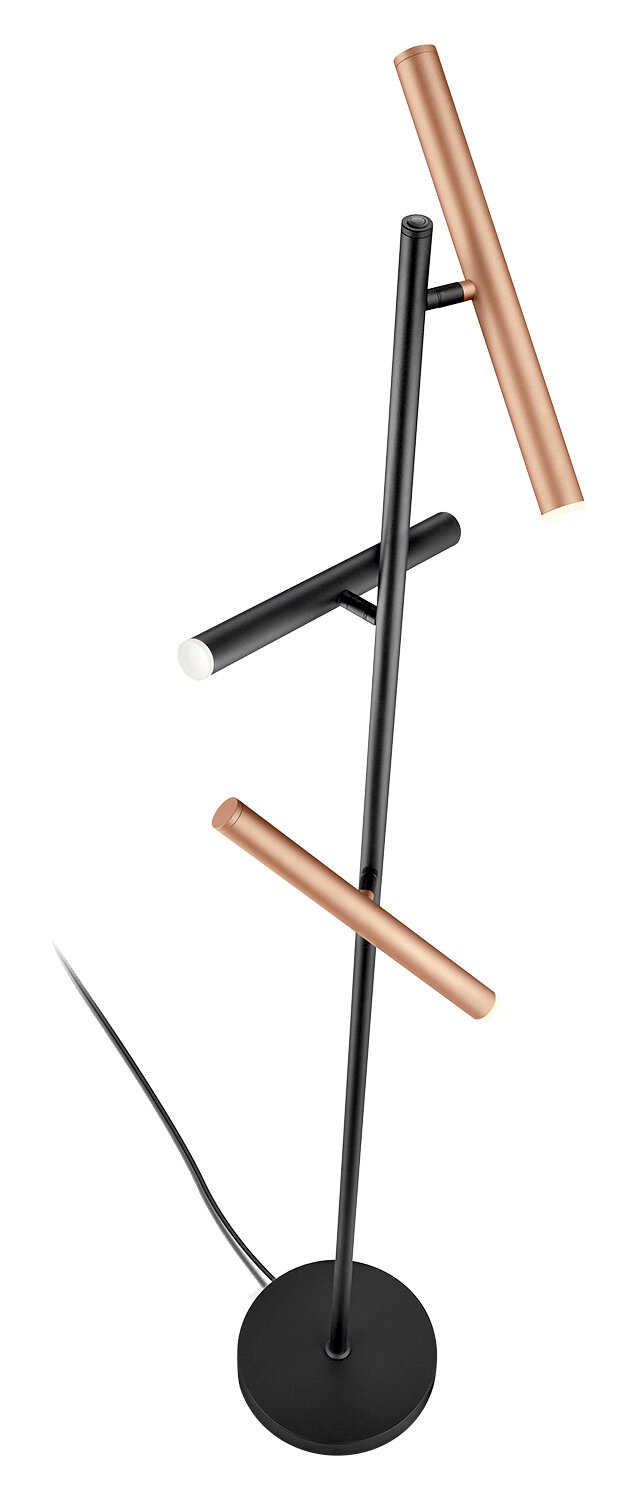 Moderne Stehleuchte CALINA mit drei zylindrischen Leuchtelementen in Schwarz und Kupfer, seitliche Perspektive.