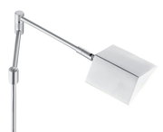 Nahaufnahme der LED-Stehleuchte JOHANN mit modernem, silbernem Design und verstellbarem Arm.