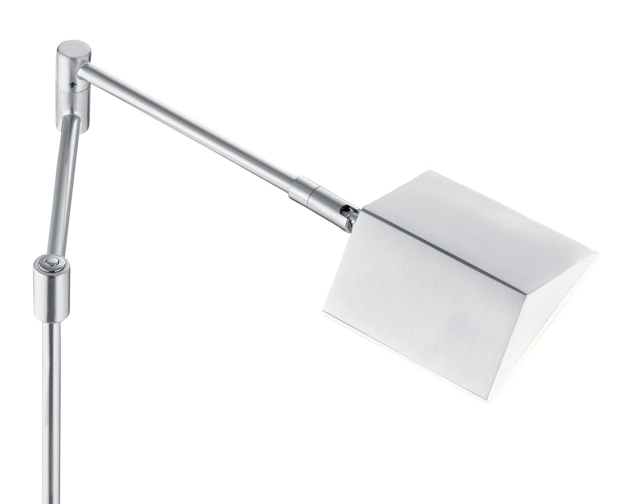 Close-up van de LED-vloerlamp JOHANN met een modern, zilverkleurig ontwerp en een verstelbare arm.